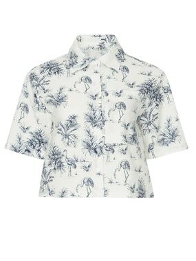 Hunter Bell Short-Sleeve Cropped Button-Down Shirt - White w Navy Flamingo Print